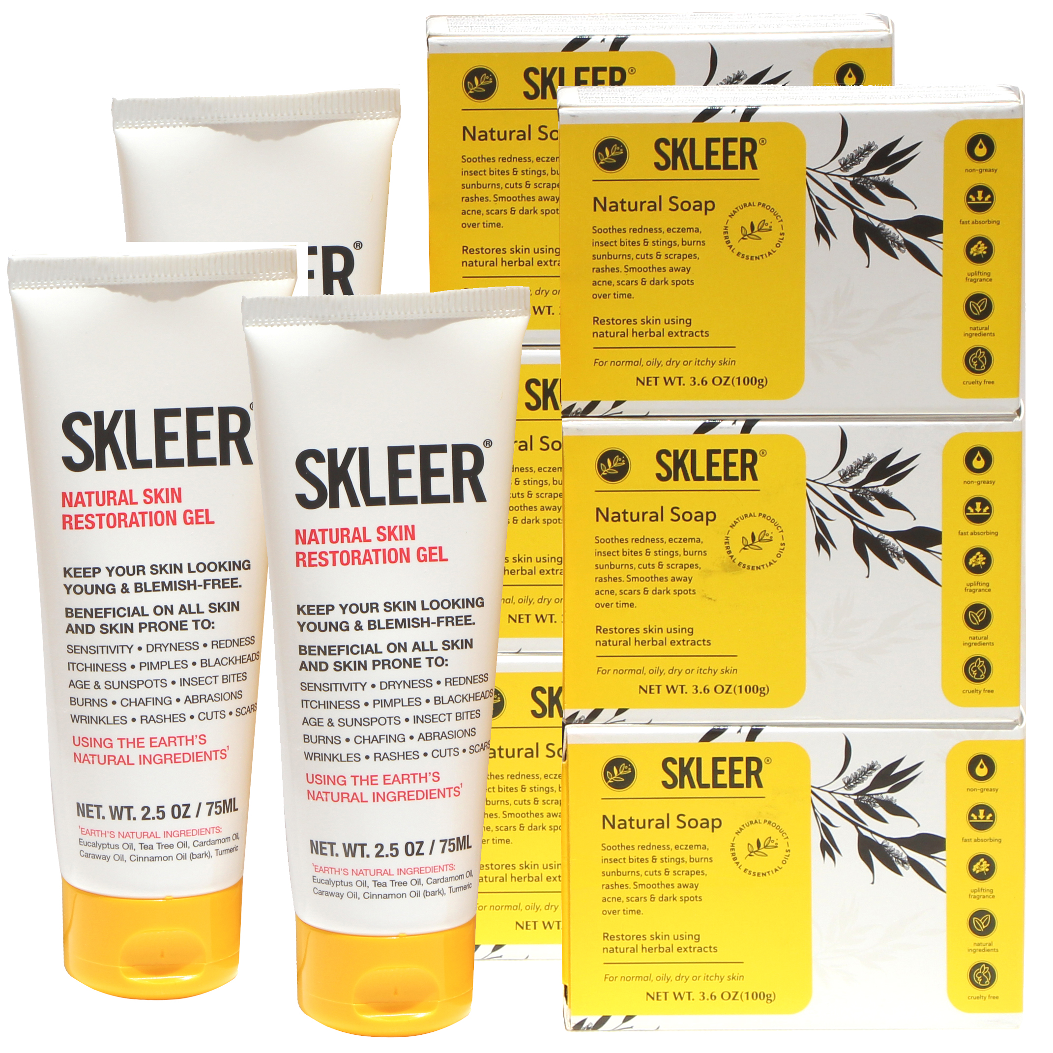SKLEER Gel + Soap Combo — 3× Natural Skin Restoration Gel 2.5oz + 6× Natural Soap — Special Deal