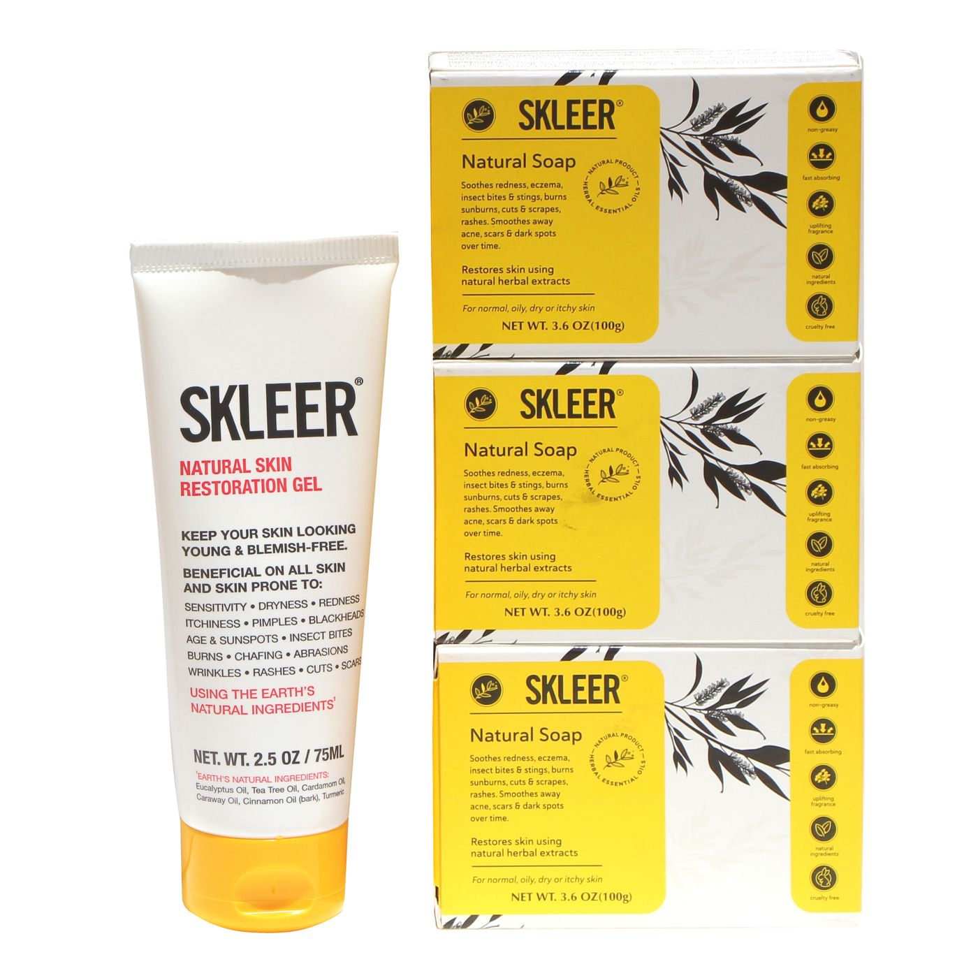 SKLEER – Combo Pack – 75ml/2.5oz + Soap x3